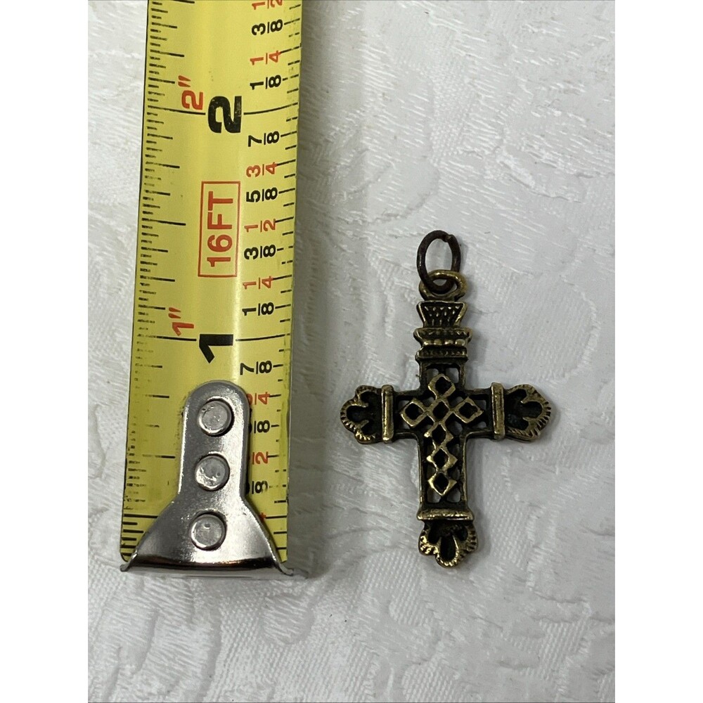 Vintage Ornate Brass Cross Pendant Open Lattice Textured Detail Crucifix